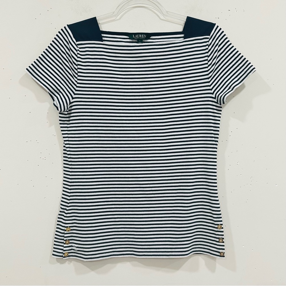 Lauren Ralph Lauren Womens Blue White Short Sleeve Striped T Shirt Size L